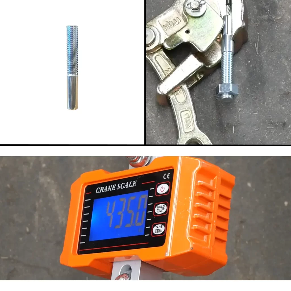 The M10 Thread Stud Swage 3mm is shown by itself, connected to a tool, and being weighed on an orange digital crane scale that displays 436.0 grams.