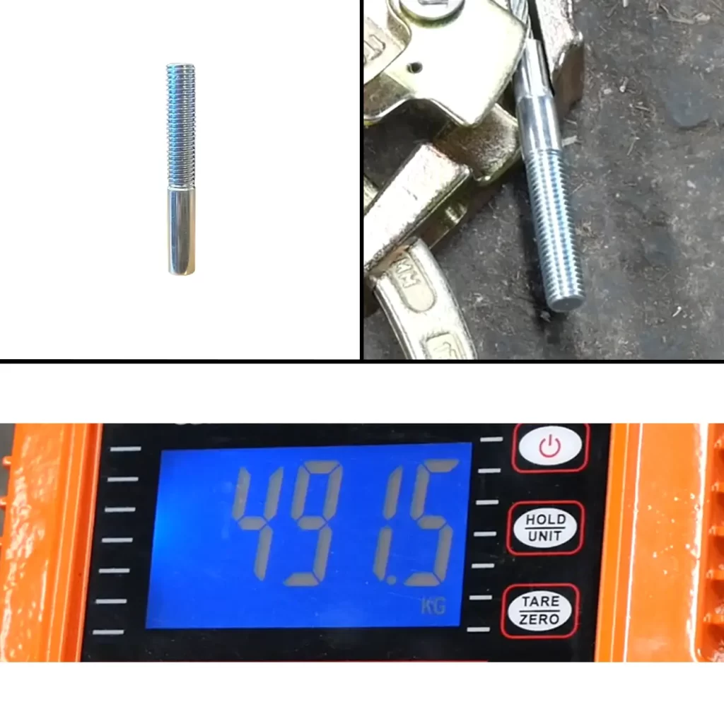 An M10 Threaded Stud Swage End is displayed upright on a white background and resting on metal tools. Below, a digital scale shows 49.15 kg in blue, with control buttons situated to the right of the display.
