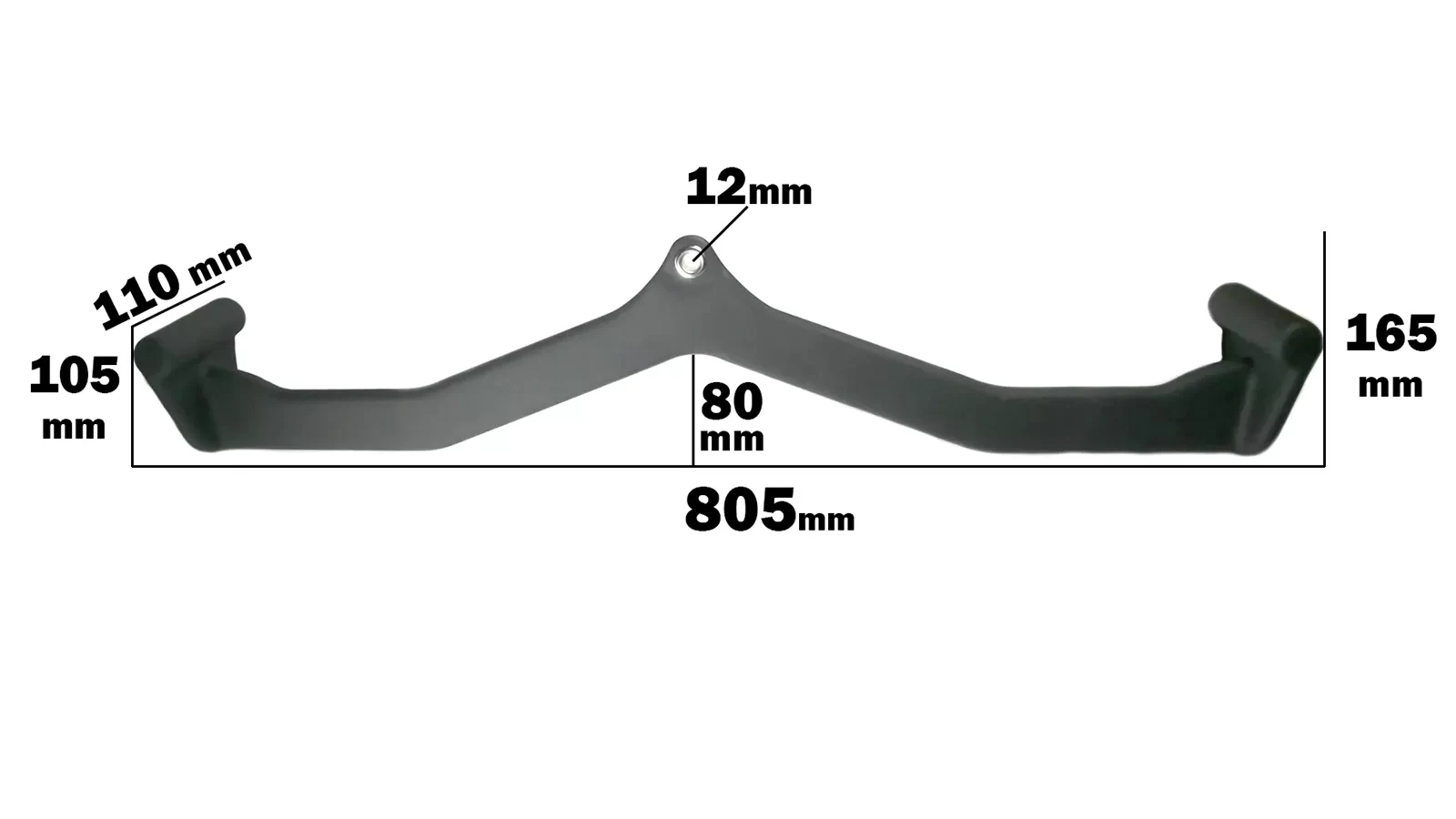 A V-shaped black metal gym attachment bar with rubber grips is shown. Dimensions are marked on the image: 805mm in length, 12mm in thickness, and varying parts measuring 105mm, 110mm, and 165mm in height.