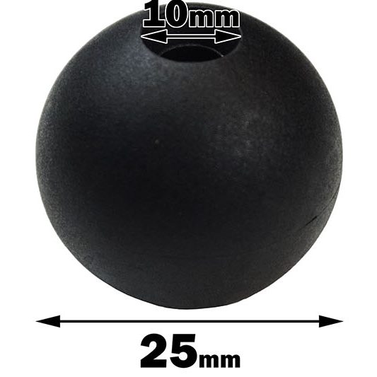 A 25mm black Gym Cable Ball is displayed on a white background with a 10mm black symbol for reference.