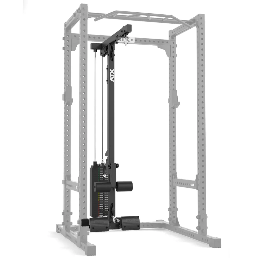 The ATX® Lat Option 640 Plate Loaded is a black cable pulley machine with adjustable weights, mounted inside a light grey power rack frame for strength training and upper body exercises.