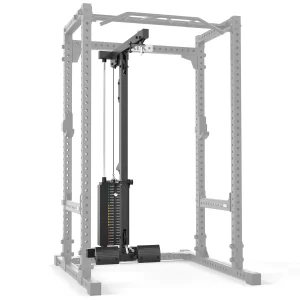 The ATX® Lat Option 640 Plate Loaded is a cable pulley system installed inside a gray power rack frame, designed for strength training exercises in the gym.