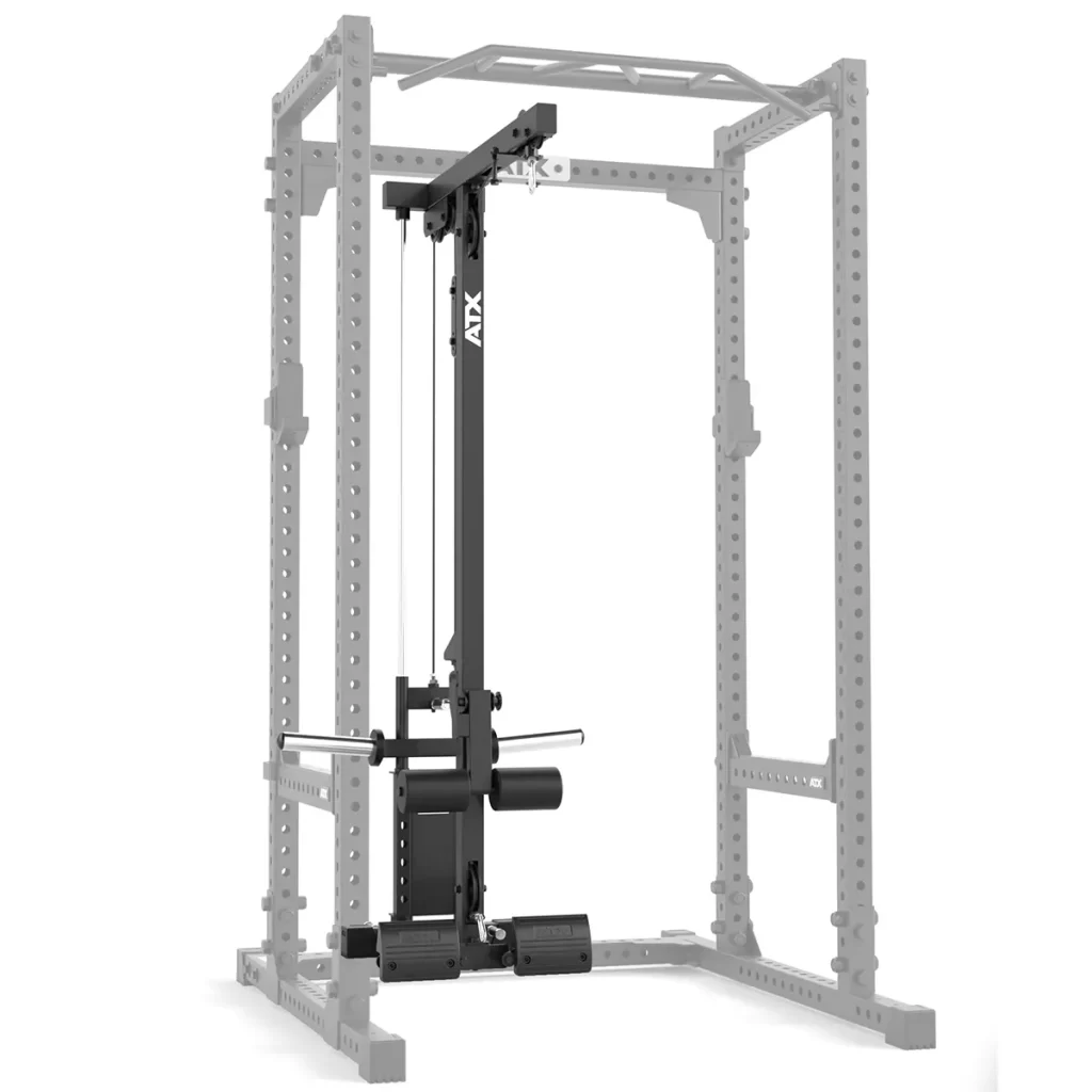 The ATX® Lat Option 640 Plate Loaded is a grey power rack with a black mounted cable pulley system, adjustable attachments, and weight plate holders, designed for strength training exercises.