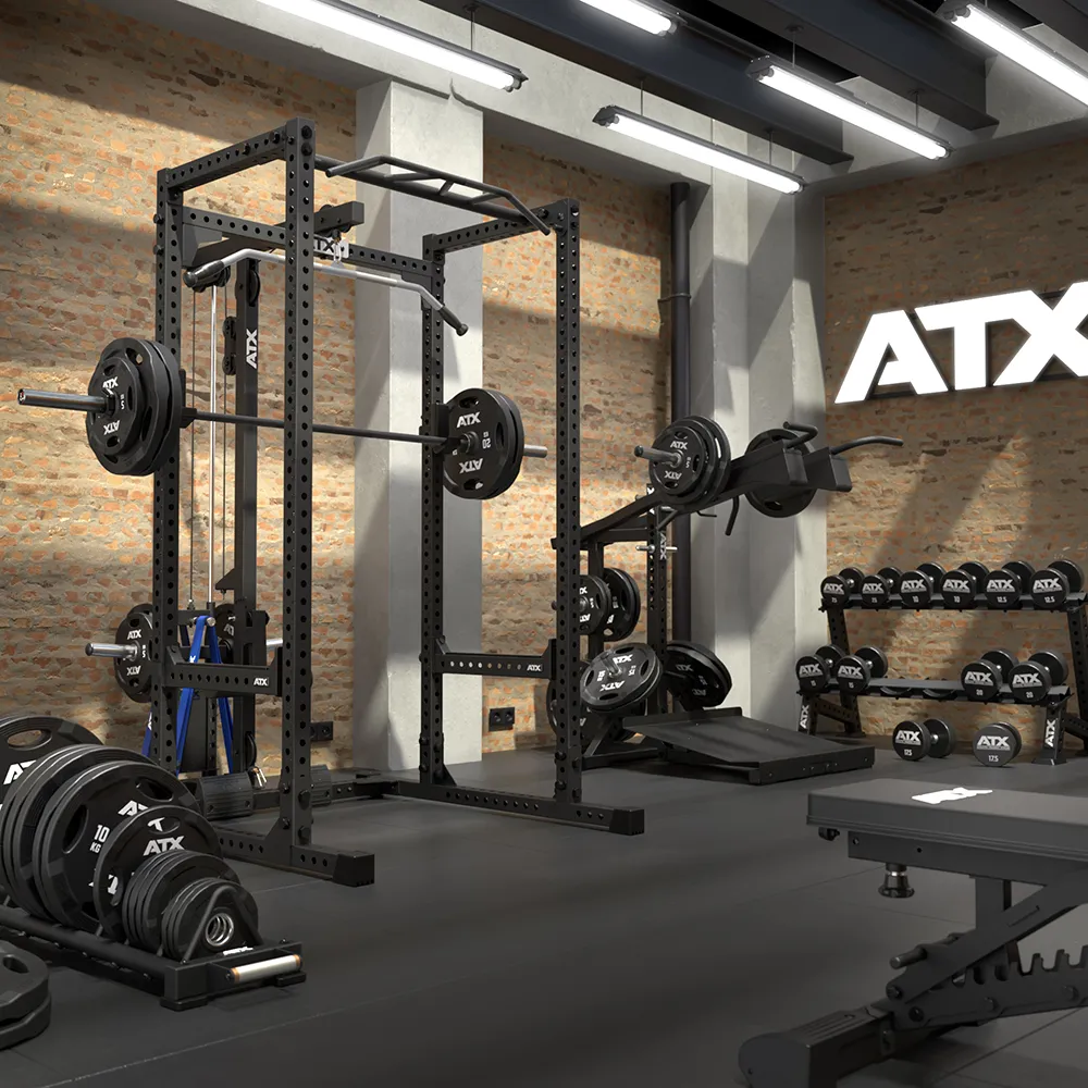 640 Low Ceiling + Plate Load Lat Option power cage with an integrated lat pulldown station, weight plates, and a matching rack of dumbbells in a gym.
