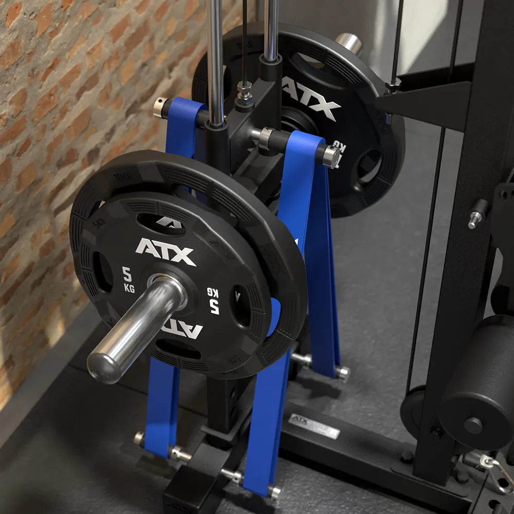 640 Low Ceiling + Plate Load Lat Option with two blue resistance bands secured to the weight plate carriage.