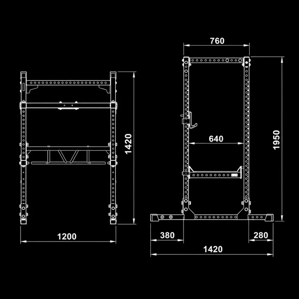 Black and white technical drawing of the ATX® 195cm Short Power Rack 640, showing front and side views labeled with dimensions: 1420mm width, 1200mm depth, 1950mm height, openings of 640mm and 760mm, and base segments measuring 380mm and 280mm.