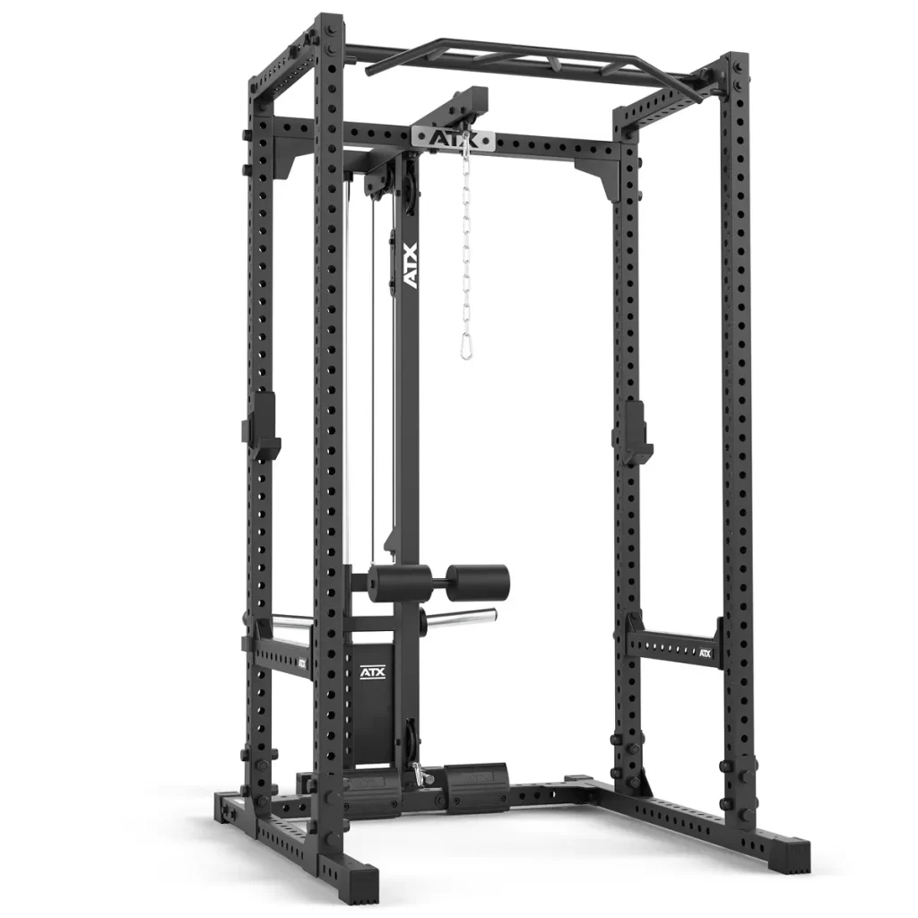 The 660 Power Rack + Plate Load Lat Option is a black rack gym station featuring adjustable holes, a pull-up bar, plate-loaded lat pulldown system, and cable row attachment for weightlifting and strength training.
