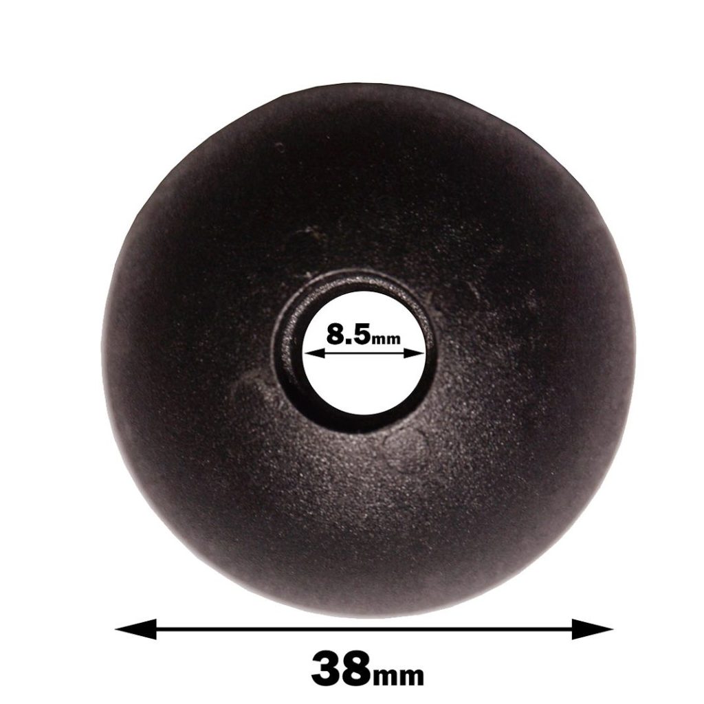 A top-down image displays a black rubber Gym Cable Ball 25mm with a circular design, featuring an 8.5mm central hole and an overall diameter of 38mm.