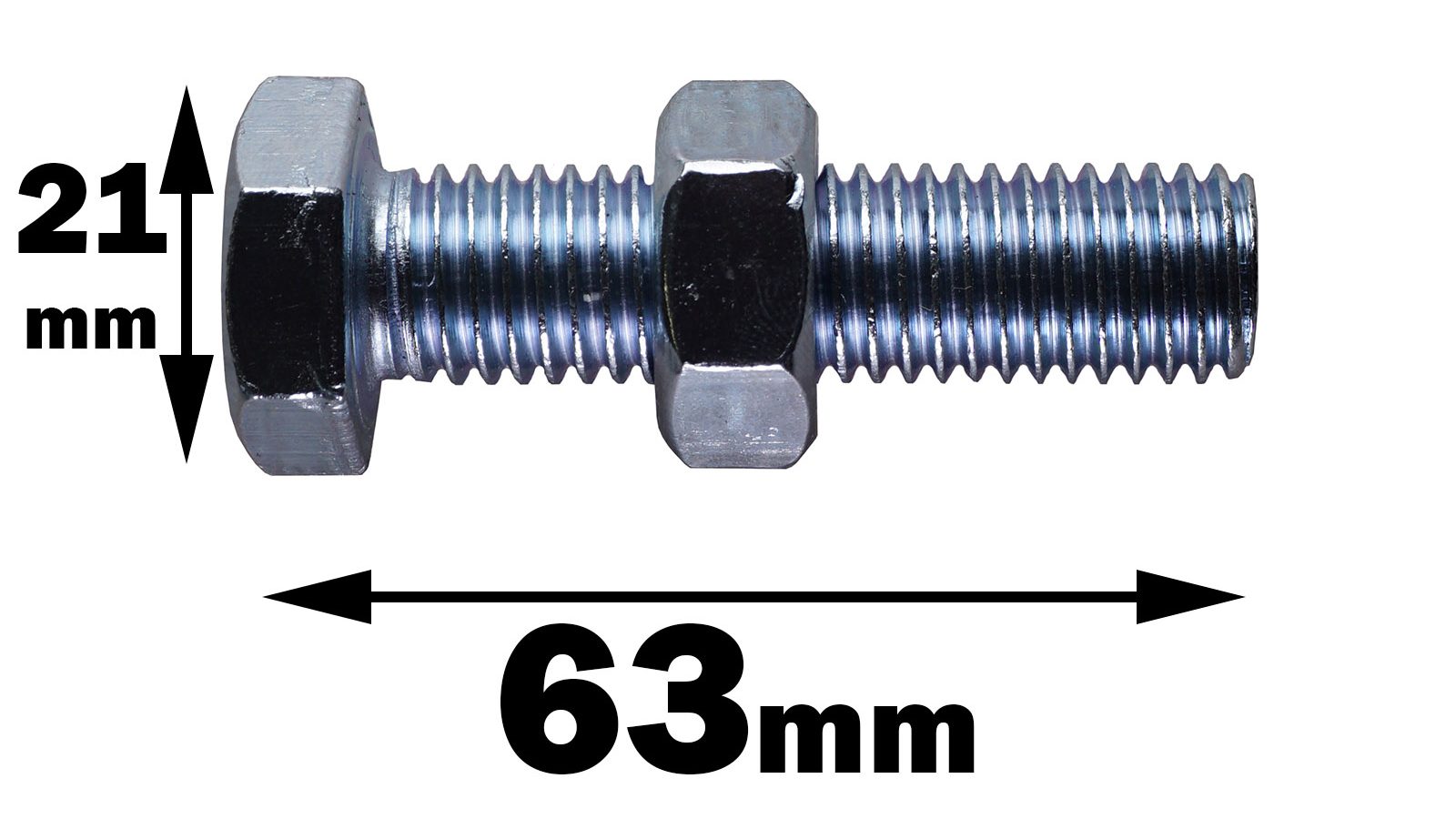 The Cable Gym Bolt M12 is a metal bolt with a hexagonal head and nut, measuring 63mm in length and 21mm in width, with dimensions indicated by arrows.