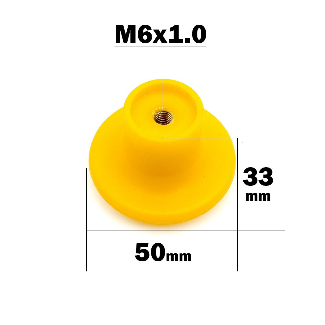 Yellow M6 Knob 50mm Head featuring a rubber bump stop with a diameter of 50mm, height of 33mm, and an M6x1.0 threaded insert at the top.