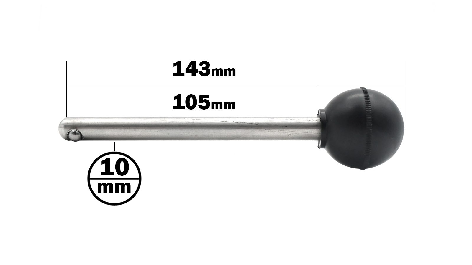 A locking pin named Locking Pin 100mm D10mm features a metal rod with a black spherical handle. The rod measures 143mm in length, including a marked section of 105mm, and the black handle has a diameter of 10mm.