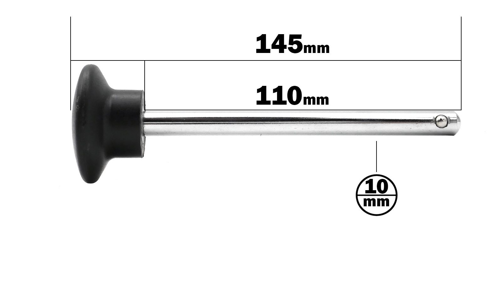 Image of a Locking Pin featuring a metal rod with a 110mm length and 10mm diameter black rubber stopper, total length 145mm. A small pinhole is near the rods other end.