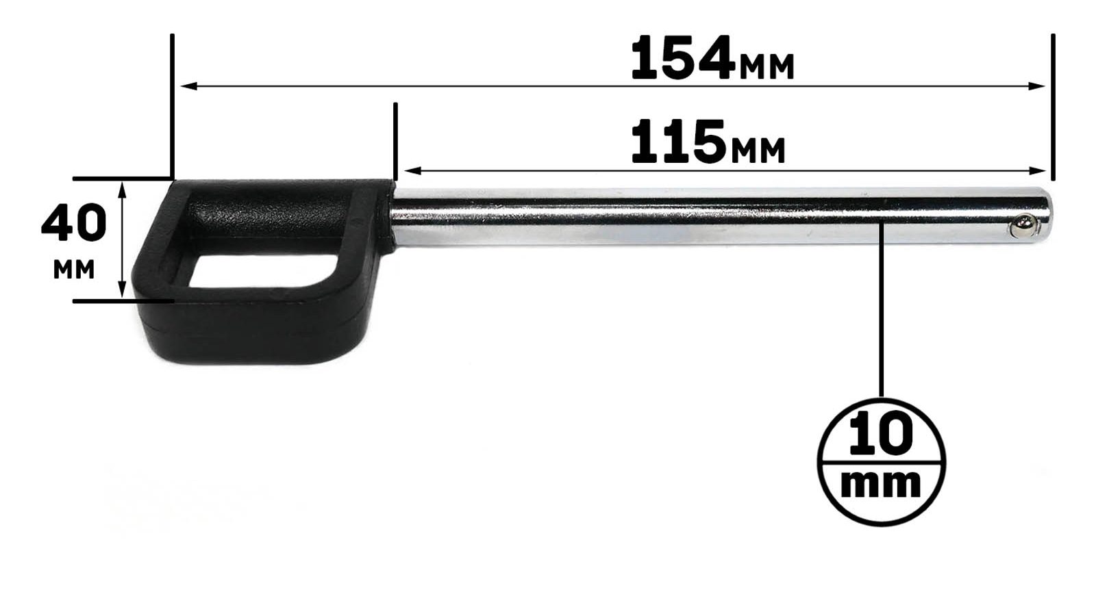 The Locking Pin 115mm D10mm is a metal tool measuring 154mm in length, with a square-shaped handle thats 40mm high and 115mm long, and it has a diameter of 10mm on the other end.