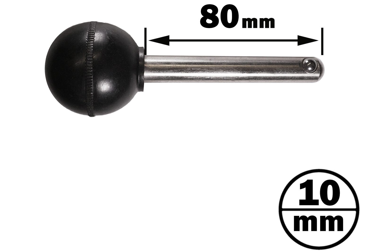 Image of the Locking Pin 80mm D10mm, featuring a metal rod with a black spherical handle on one end, as indicated by labels.