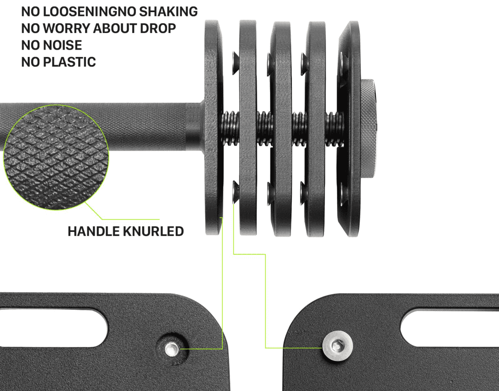 Exploded view of the Eisenlink Weight plates. Along with a a sample of the handle knurling
