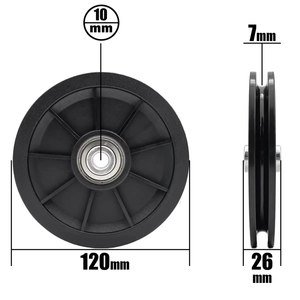 The Cable Pulley 120mm RIBBED is a black plastic pulley with a metal bearing, shown in front and side views. It has a 120 mm diameter, 10 mm center hole, 26 mm depth, and 7 mm ribbed groove width.