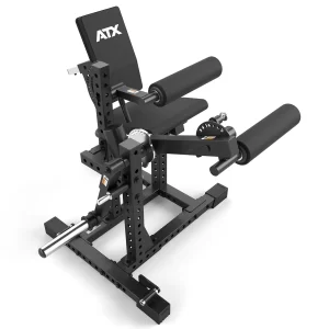 The ATX® Seated Leg Curl Extension Machine features a black padded seat, adjustable backrest, foam roller pads, sturdy metal frame, adjustment levers, and a weight plate holder for effective leg and core workouts.