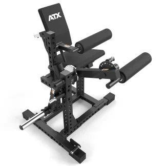 The ATX® Seated Leg Curl Extension Machine features a black padded seat, adjustable backrest, foam roller pads, sturdy metal frame, adjustment levers, and a weight plate holder for effective leg and core workouts.