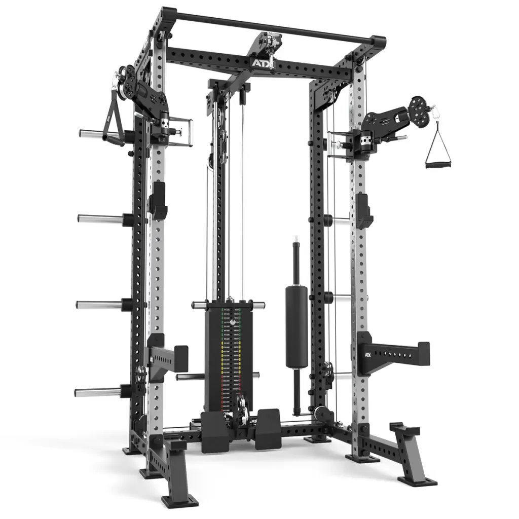 The ATX® Hardcore Half Rack is a multifunctional gym machine with adjustable pulleys, weight stack, safety arms, dip bars, and various attachments for strength training at home or in commercial gyms.