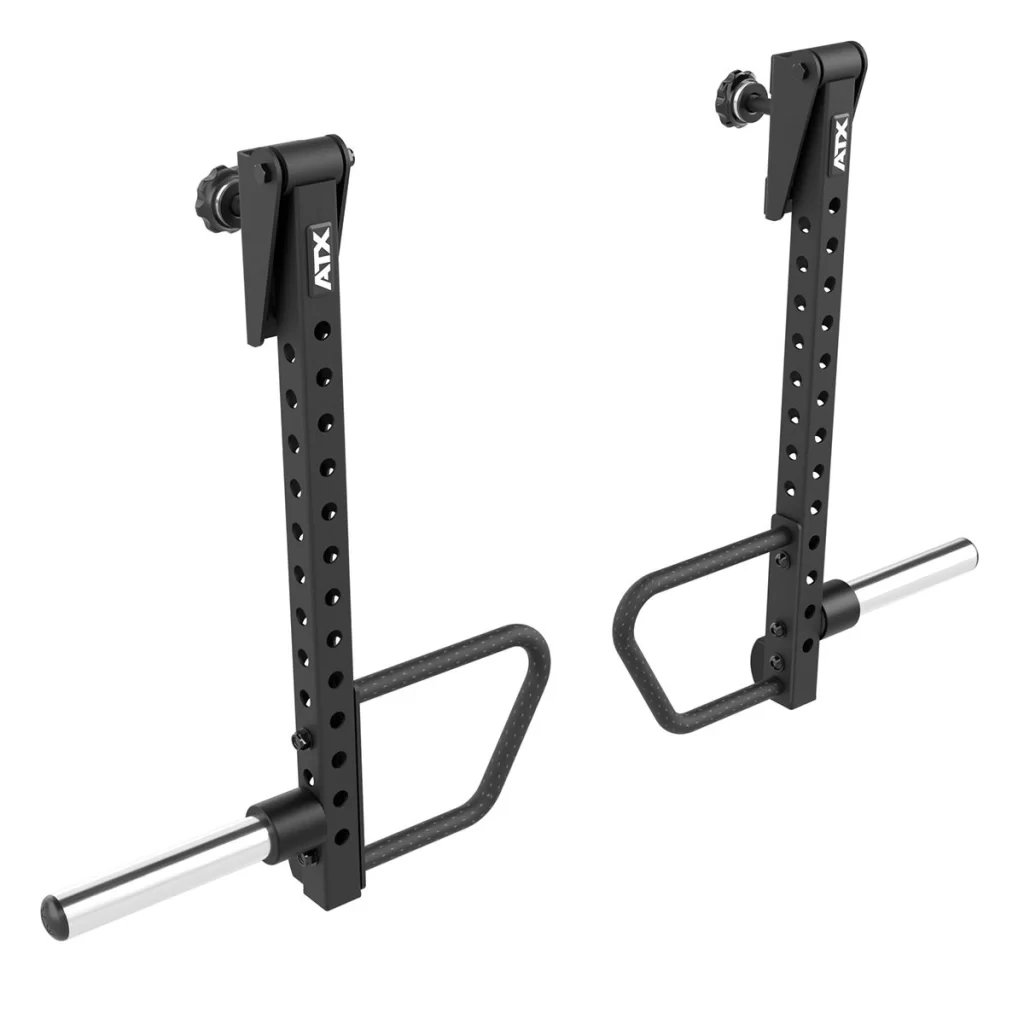The ATX® Universal Jammer Arms 500/600/700 are black adjustable steel arms with multiple holes, horizontal bars, and cylindrical sleeves, designed for gym racks as versatile jammer arms or weight plate storage attachments.