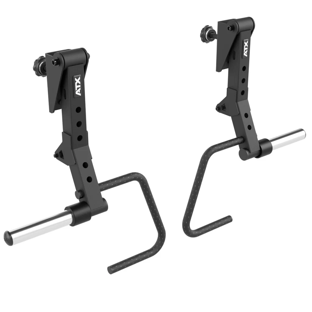 The ATX® Jammer Arms B4 are black adjustable gym barbell holders with angled arms and cylindrical silver sleeves, designed for mounting on a squat rack or power rack.