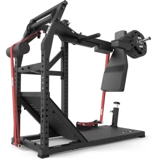 The ATX® Pendulum Squat Machine is black and red, comes with weight plates and resistance bands, and features an angled foot platform plus padded back support for effective leg workouts.