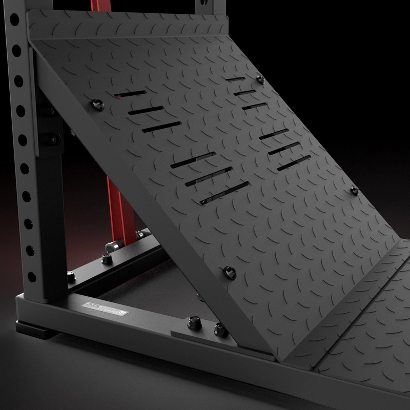 A close-up of an adjustable, slanted metal footplate with a diamond pattern, mounted on the heavy-duty ATX® Pendulum Squat Machine frame featuring red and black components.