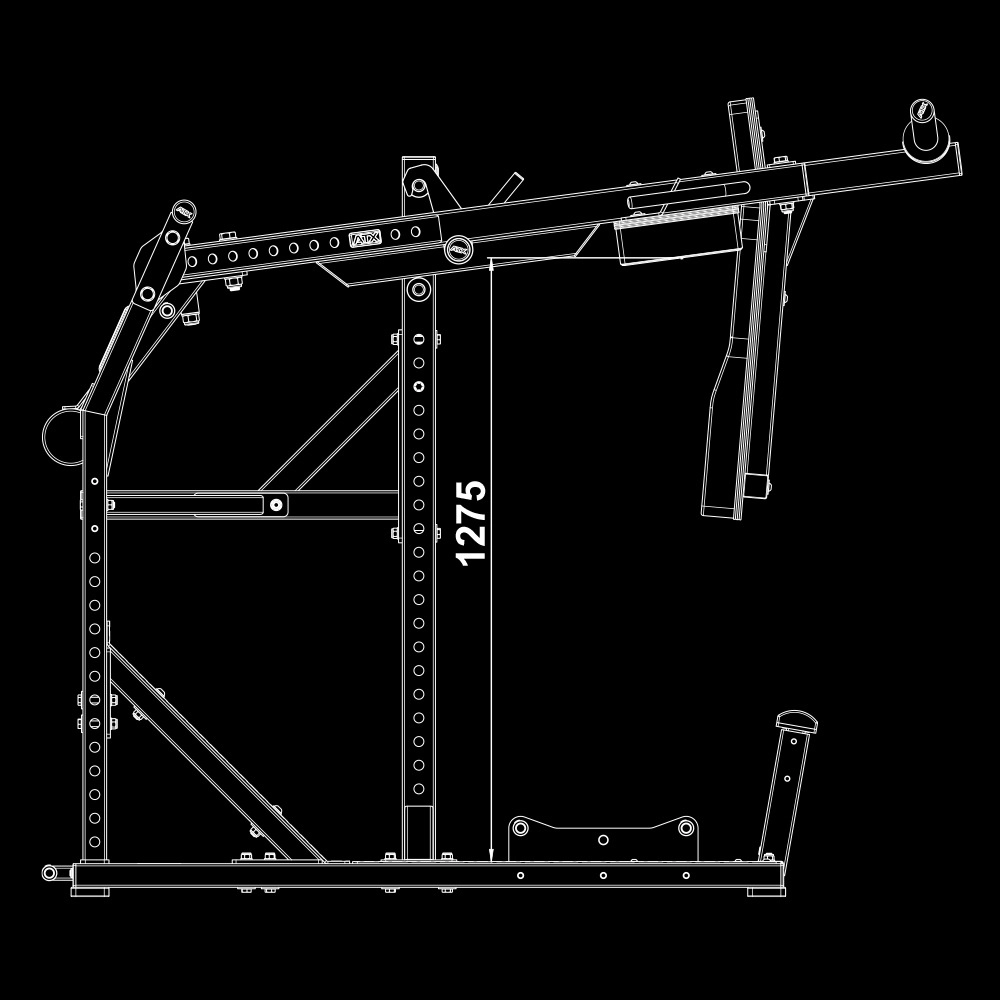 Technical line drawing of the ATX® Pendulum Squat Machine for lower body workouts, displaying measurements, multiple adjustment points, handles, footrests, and support bars on a black background.