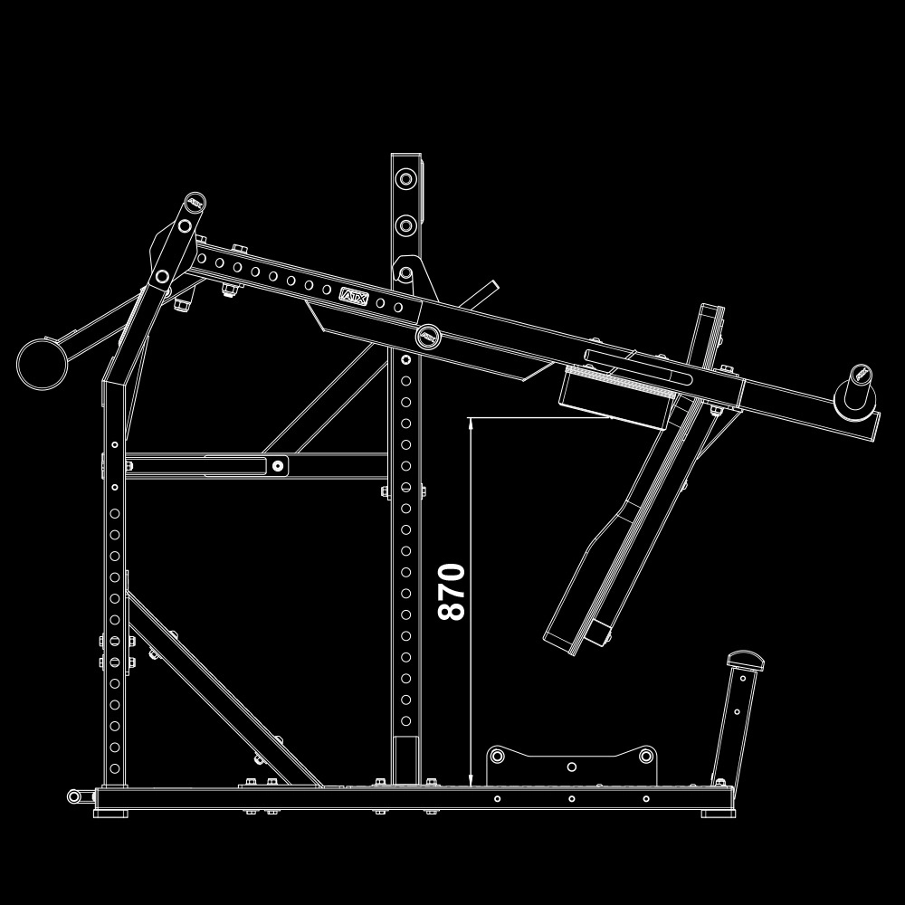 A technical side-view line drawing of the ATX® Pendulum Squat Machine displays adjustable levers, padded supports, and a vertical measurement of 870 units, all set against a black background.