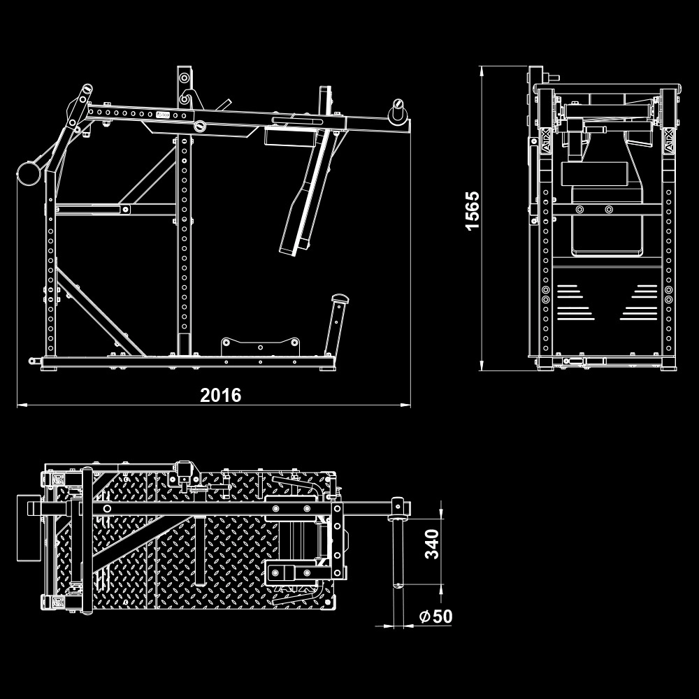 Technical drawing of the ATX® Pendulum Squat Machine in side, front, and top views. Dimensions: 2016 mm wide, 1565 mm tall, 340 mm deep; circular part diameter is 50 mm. White lines on a black background.