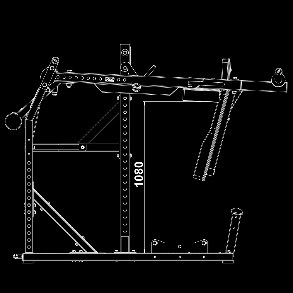 White technical line drawing of the ATX® Pendulum Squat Machine, side view on a black background, showing structural details, padded supports, and a vertical frame measurement labeled 1080.