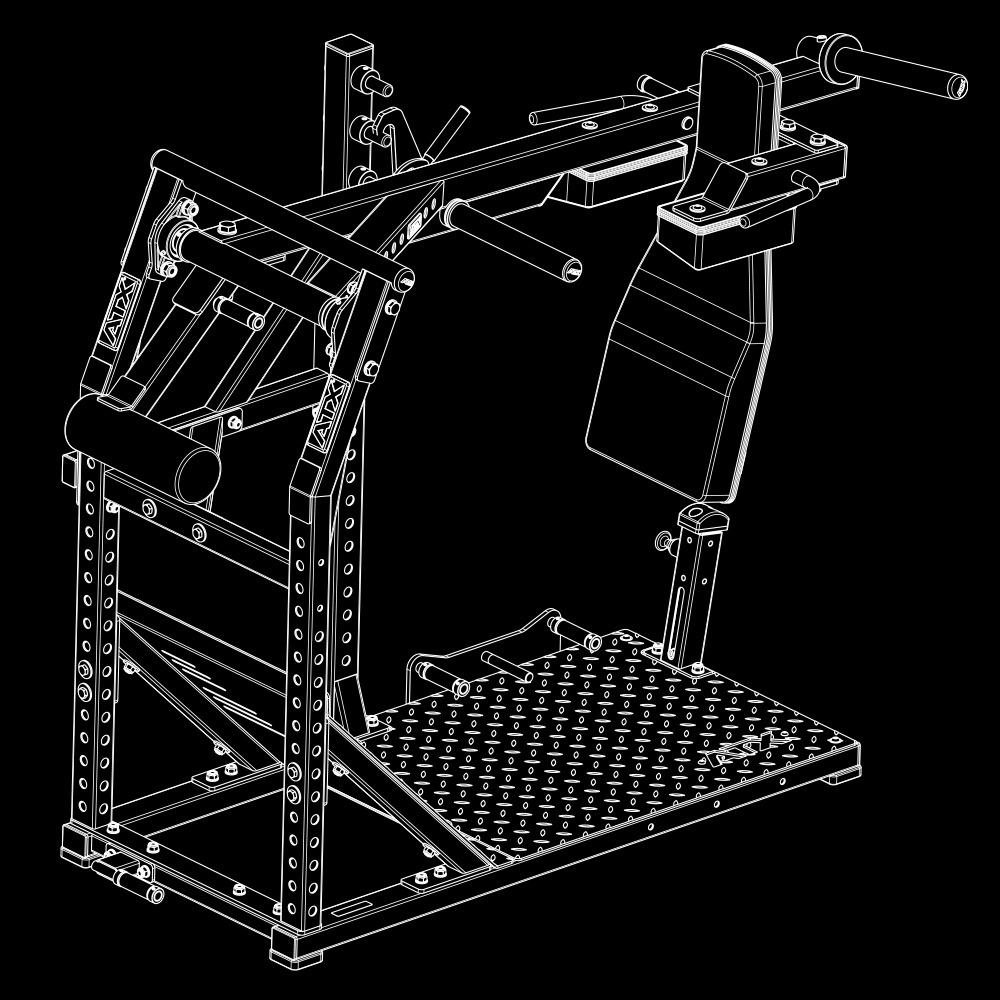 A detailed line drawing showcases the ATX® Pendulum Squat Machine, featuring a foot platform, padded supports, and multiple handles for strength training. The black background accentuates the machine’s design and structure.