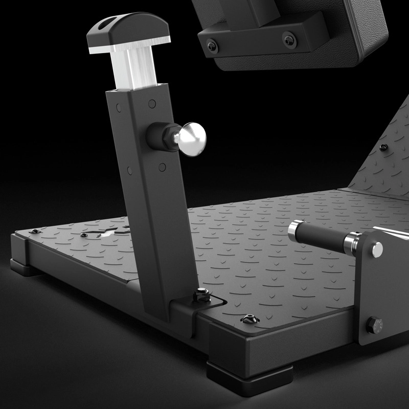 Close-up of the ATX® Pendulum Squat Machine in black metal, featuring a textured footplate, adjustable support post with locking pin, and padded section against a dark background.