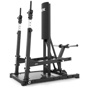 The ATX® Standing Chest Press is a black squat machine with padded back support, adjustable bar holders, safety arms, and a diamond-patterned metal foot platform. Ideal for weightlifting and Standing Chest Press exercises.