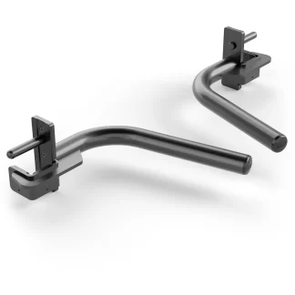 Two black, L-shaped metal safety arms with mounting brackets, designed for attachment to gym equipment like a squat rack to catch a barbell during weightlifting exercises.