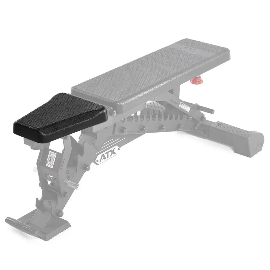 A close-up of a black gym bench attachment on the end of a weight bench, with the bench shown in gray and the attachment highlighted in color.