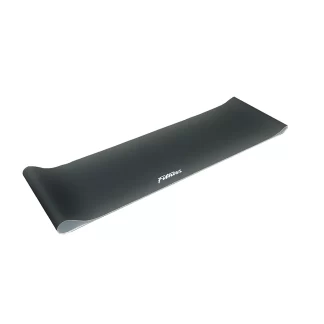 A black fitness mat with slightly curled edges, laying on a white background. The word Fitness is printed in white in the center of the mat.