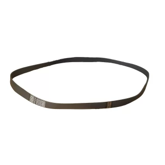 A black rubber drive belt with ridged inner surface and white printed markings, laid out in an oval shape on a white background.