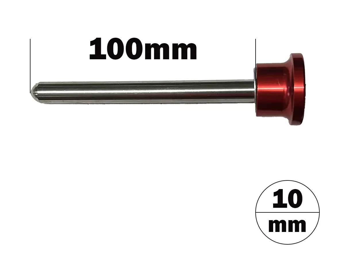The Magnetic 10 mm x 100 mm Aluminium Weight Stack Pin is shown, featuring a red cap, with its length labeled as 100mm and a diameter of 10mm marked in a circle at the bottom right corner.