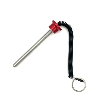 A metal rod with a red cap, attached to a black coiled lanyard and a silver key ring, against a white background.