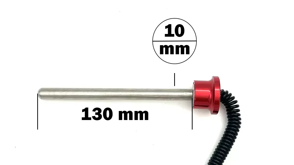 A metal cylindrical probe measuring 130 mm in length and 10 mm in diameter, with a red cap and a black coiled wire attached. Measurement labels are displayed beside the probe.