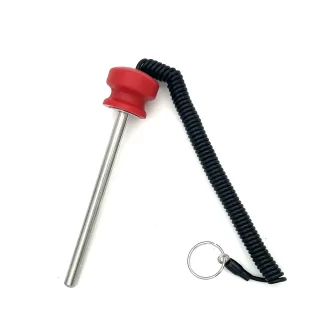 The Magnetic 8mm Weight Stack Pin 120mm, featuring a metal safety kill switch with a red plastic cap, is attached to a coiled black lanyard and keyring, and is displayed on a white background.