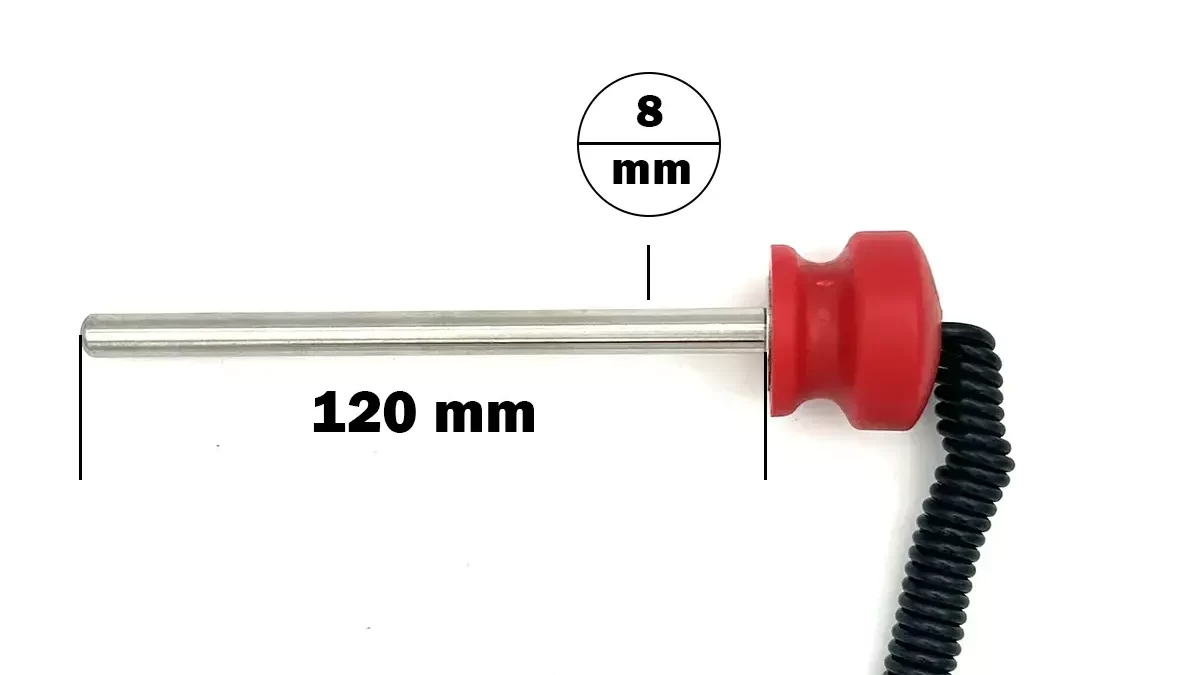 The Magnetic 8mm Weight Stack Pin 120mm features a metal probe with a red plastic handle, a black coiled cable, and measures 120 mm long by 8 mm in diameter.