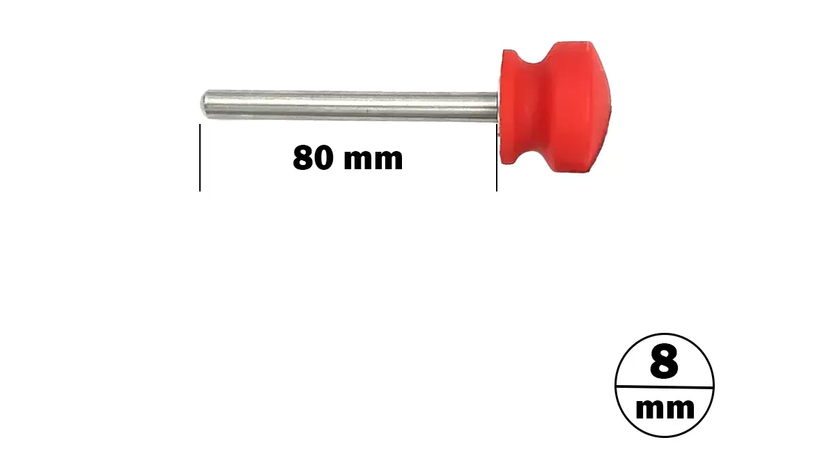 A metal rod with a red plastic cap is shown horizontally. The rod measures 80 mm in length, and the cap has a diameter of 8 mm, as indicated by text and graphic labels on the image.