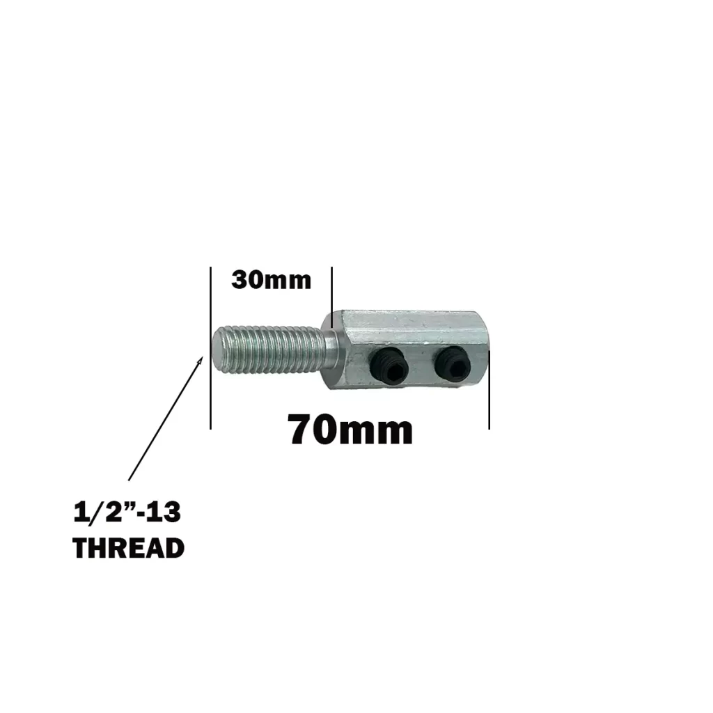 A metal connector with a threaded end labeled 1/2”-13 THREAD, measuring 70mm in total length and 30mm for the threaded section, featuring two black set screws on the main body.