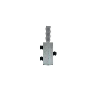 A cylindrical metal connector with a threaded rod on top and three black set screws inserted into its side, isolated on a white background.