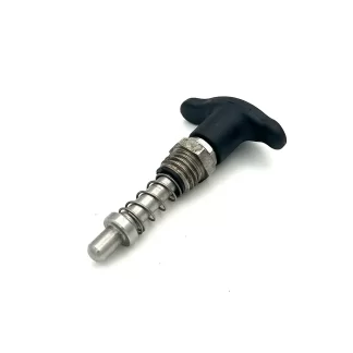 A metal plunger pin with a spring and a black, T-shaped plastic handle, shown on a white background.