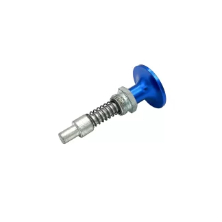 A close-up of a metal spring plunger with a blue, flat, circular handle and a silver body, isolated on a white background.