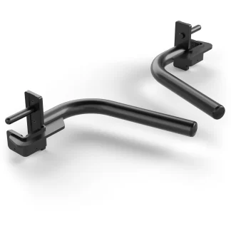 Two black metal J-hooks for a squat rack are shown on a white background. They have sturdy arms and mounting brackets designed to hold a barbell securely during weightlifting.