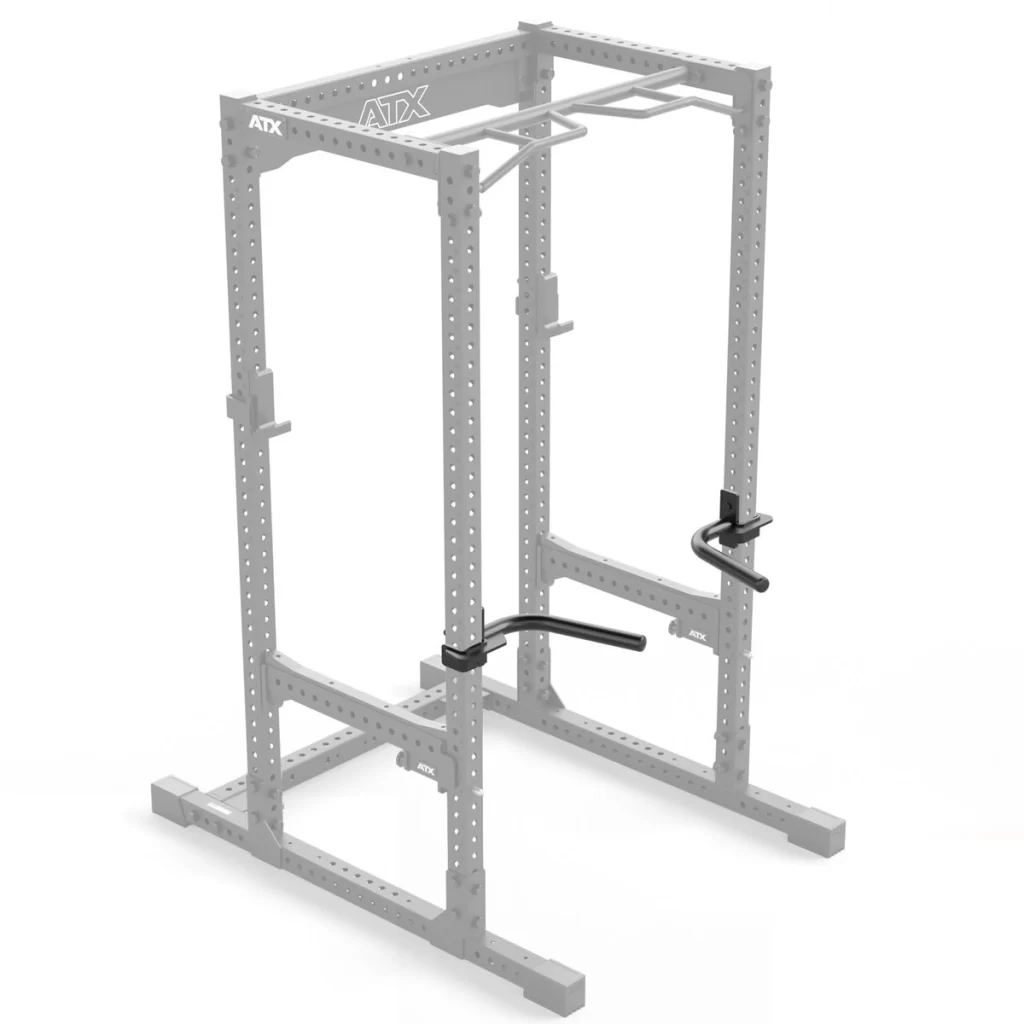 A metal power rack with multiple holes for adjusting bar supports and attachments. It has a pull-up bar at the top and adjustable dip bars attached to the sides. The rack is freestanding on a white background.